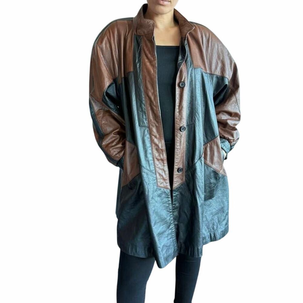 VTG Jon Lawrence Leather Colorblock Swing Coat Oversized Brown Black Small